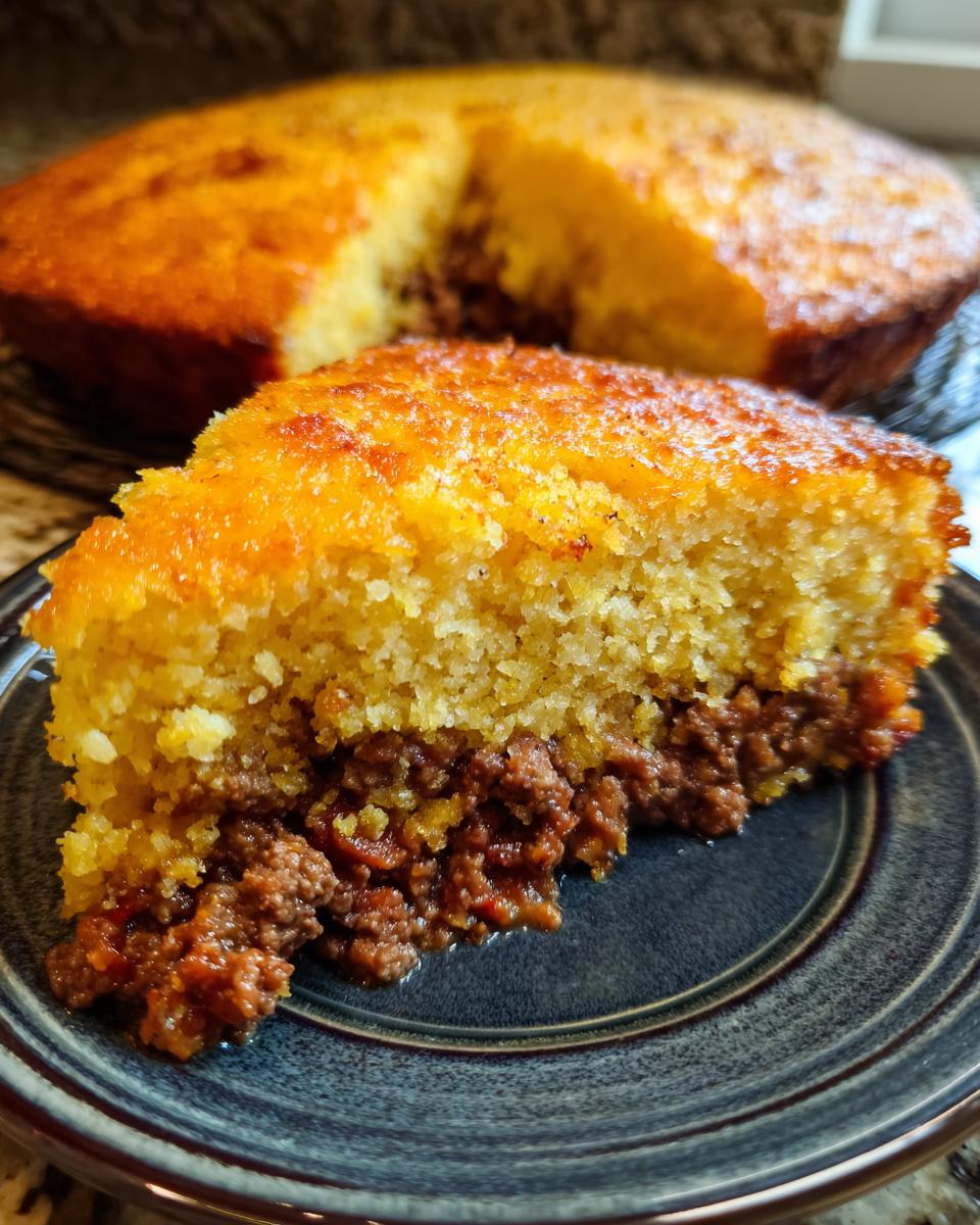 A close-up slice of sloppy joe cornbread casserole showing the thick layer of seasoned ground meat filling between two layers of golden cornbread.