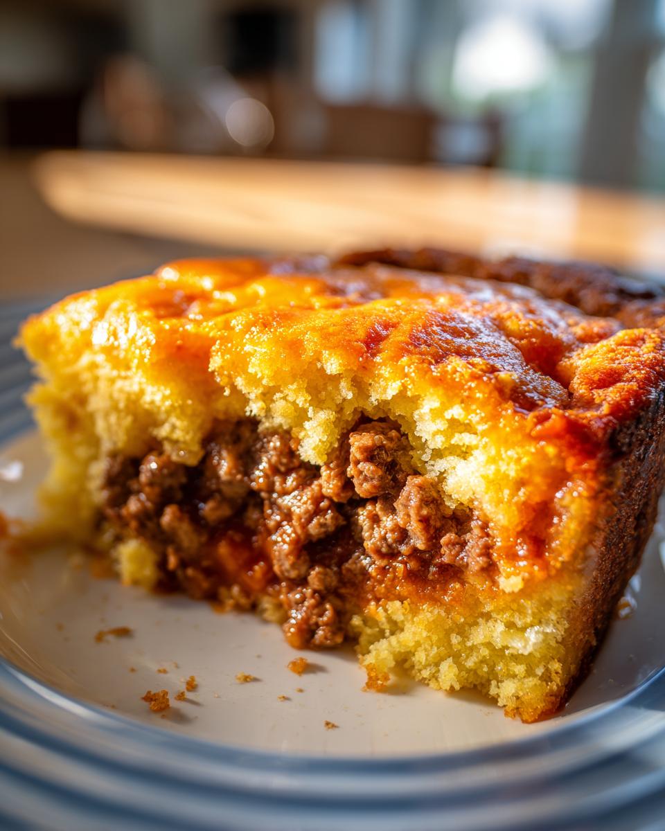 Close-up of a slice of sloppy joe cornbread casserole showing the golden cornbread top and savory meat filling.