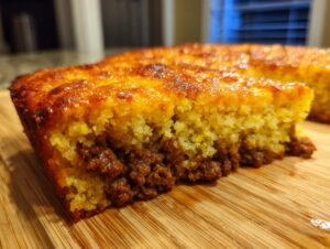 Close-up cross-section view of a slice of sloppy joe cornbread casserole showing the golden cornbread topping over the savory meat filling.
