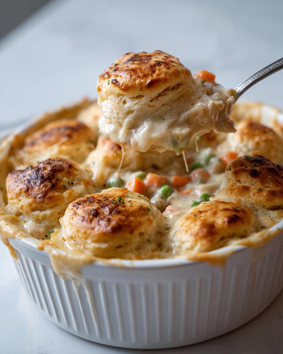 A spoonful of creamy filling and a golden biscuit being lifted from a dish of slow cooker chicken pot pie.