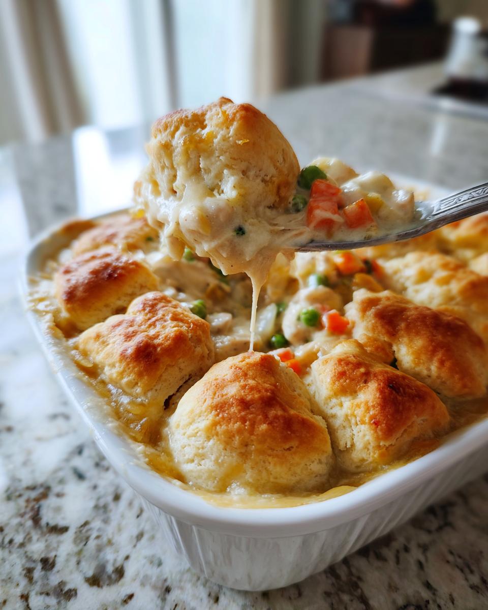 A spoonful of creamy filling and biscuit topping being lifted from a dish of slow cooker chicken pot pie.