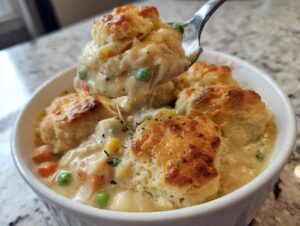 A spoonful of creamy slow cooker chicken pot pie filling and biscuit topping being lifted from a white bowl.
