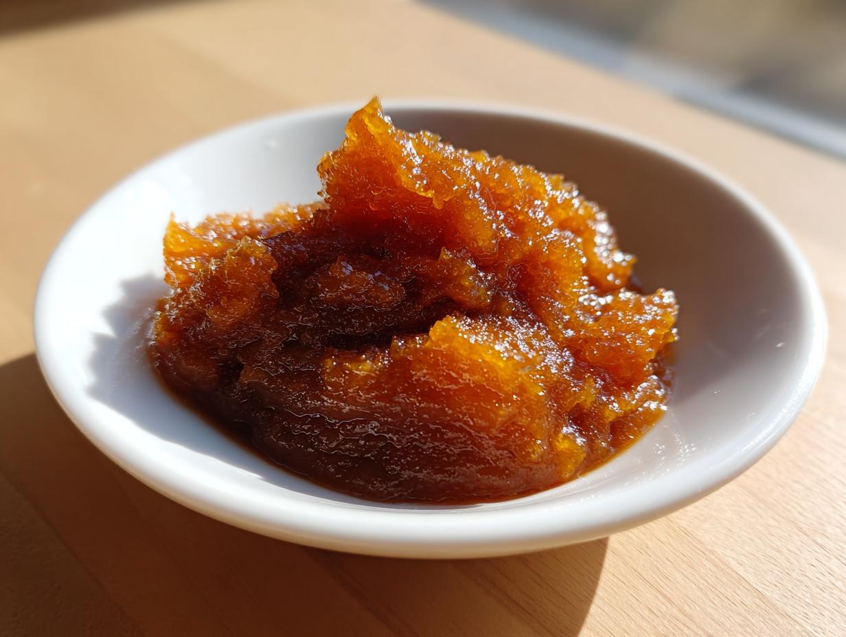A close-up of thick, dark amber pear butter piled high in a small white dish on a wooden surface.