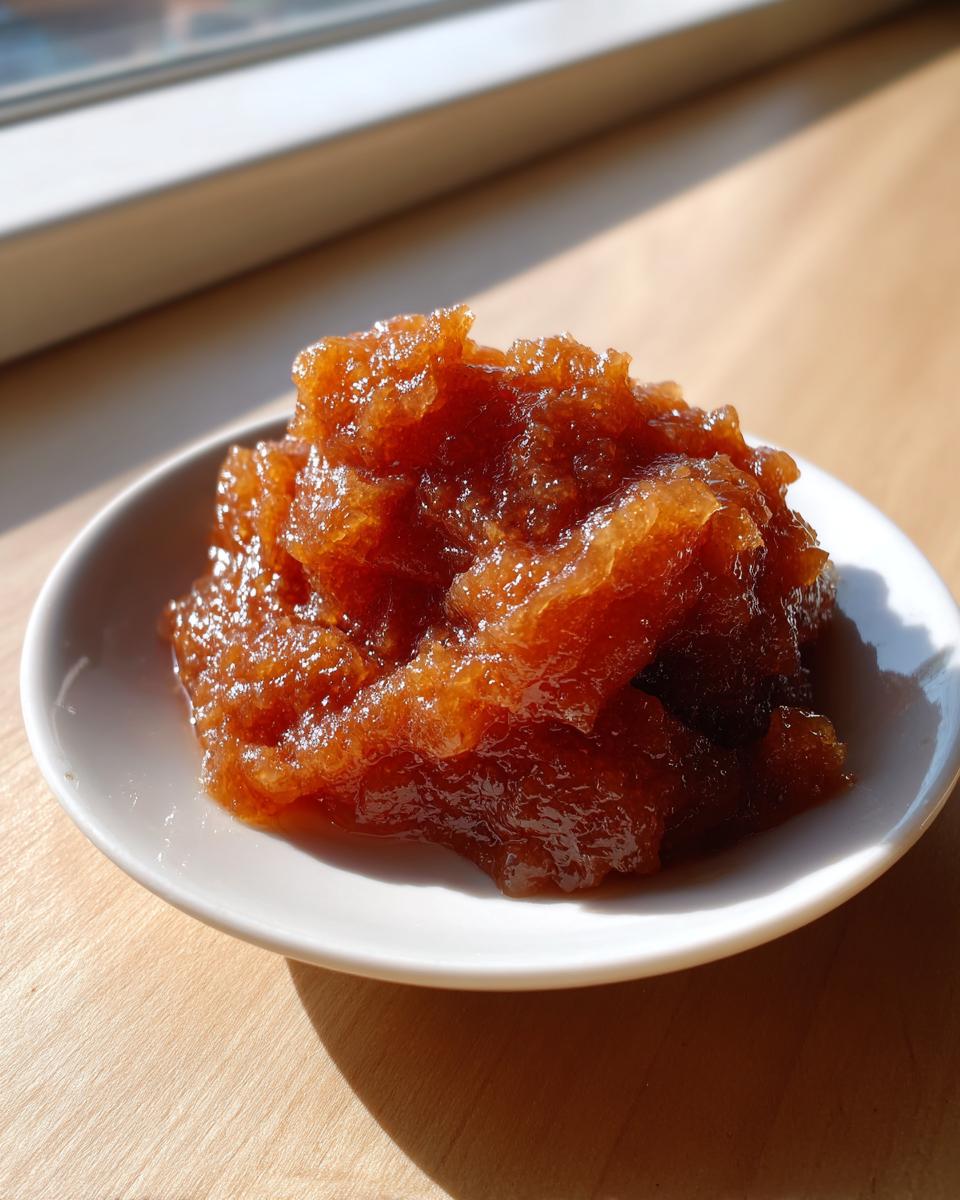 A close-up scoop of thick, dark amber pear butter served on a small white dish, highlighted by sunlight.