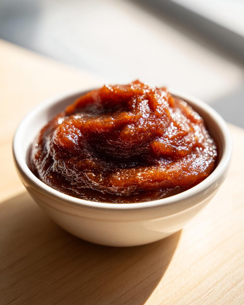 A close-up of thick, dark brown pear butter served in a small white bowl on a wooden surface.