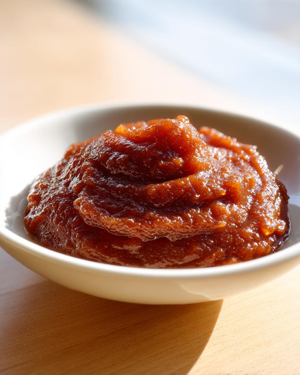 A close-up of thick, rich, dark brown pear butter mounded in a small white bowl.