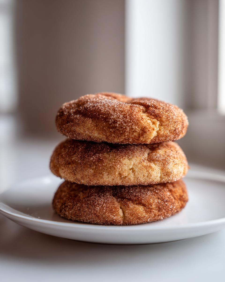 Three soft, chewy snickerdoodle cookies stacked on a white plate, coated in cinnamon sugar.
