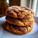 A close-up stack of three soft, chewy snickerdoodle cookies generously coated in cinnamon sugar.