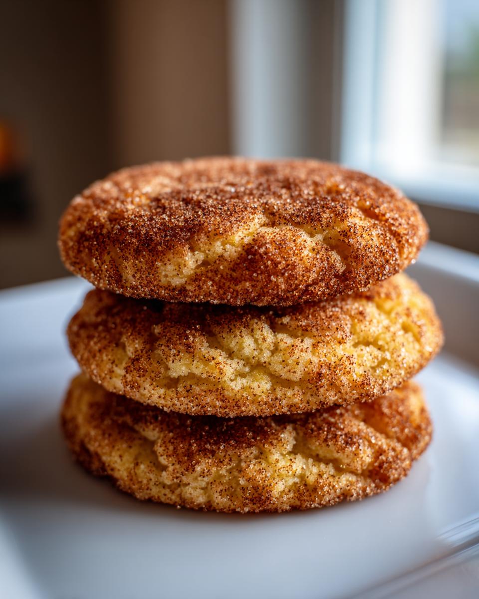 Close-up of three soft, chewy snickerdoodle cookies stacked on a white plate, coated in cinnamon sugar.