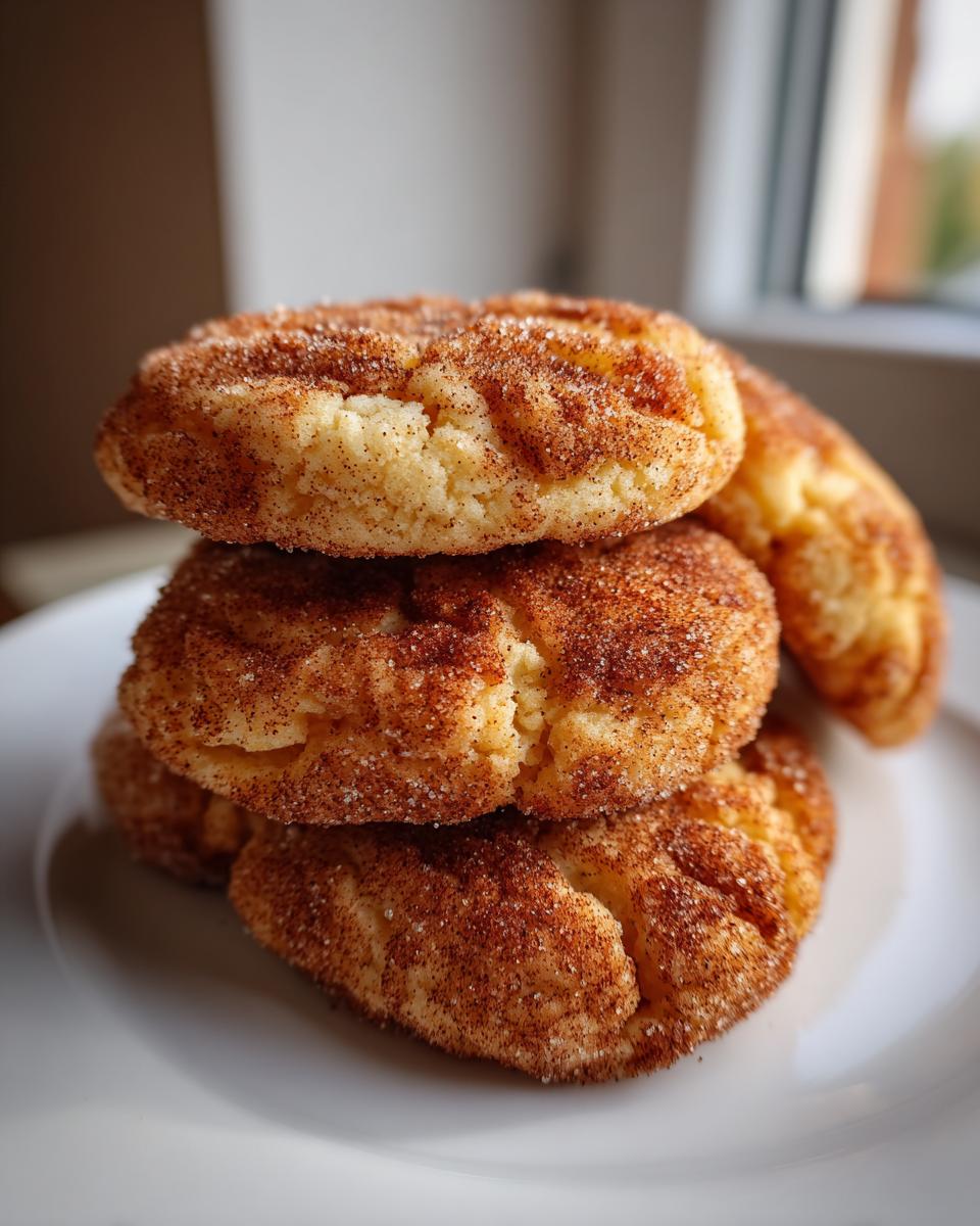 A stack of three soft and chewy snickerdoodle cookies generously coated in cinnamon sugar, resting on a white plate.