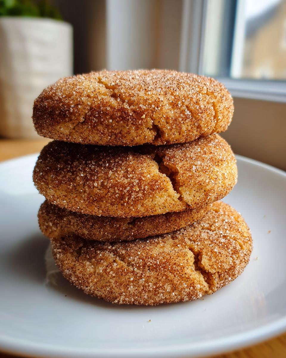 A stack of four soft and chewy snickerdoodle cookies generously coated in cinnamon sugar.