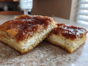 Two squares of rich sopapilla cheesecake showing a thick cream cheese layer and cinnamon sugar topping.