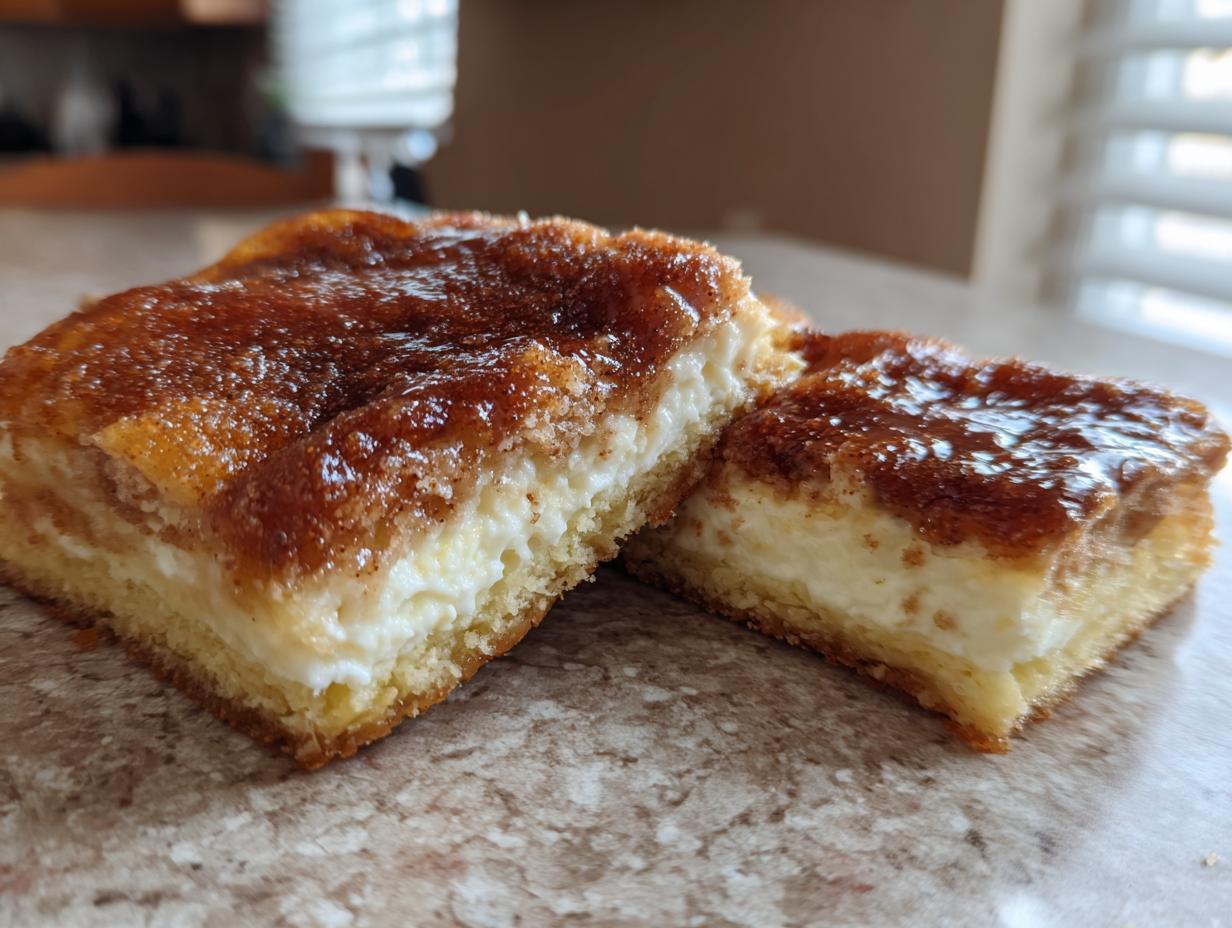Two squares of rich sopapilla cheesecake showing a thick cream cheese layer and cinnamon sugar topping.