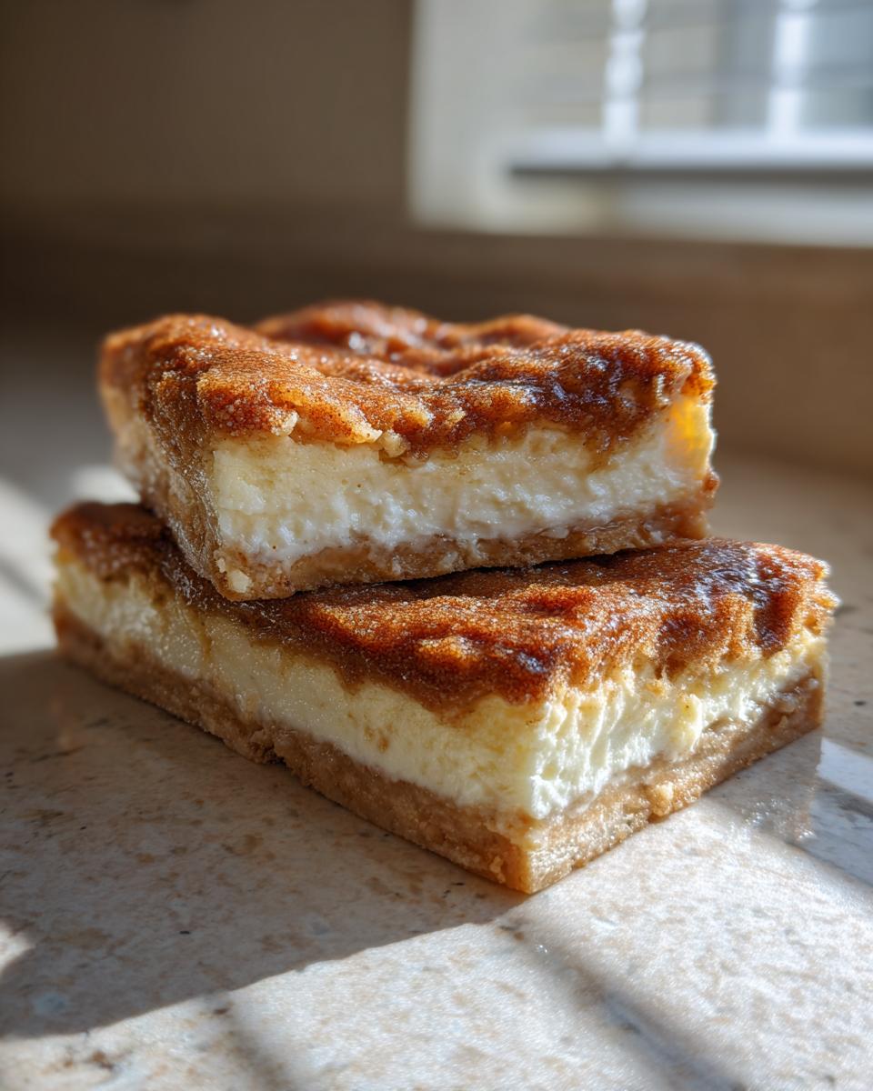 Two stacked bars of sopapilla cheesecake showing a thick, creamy white filling and a rich, brown cinnamon-sugar topping.