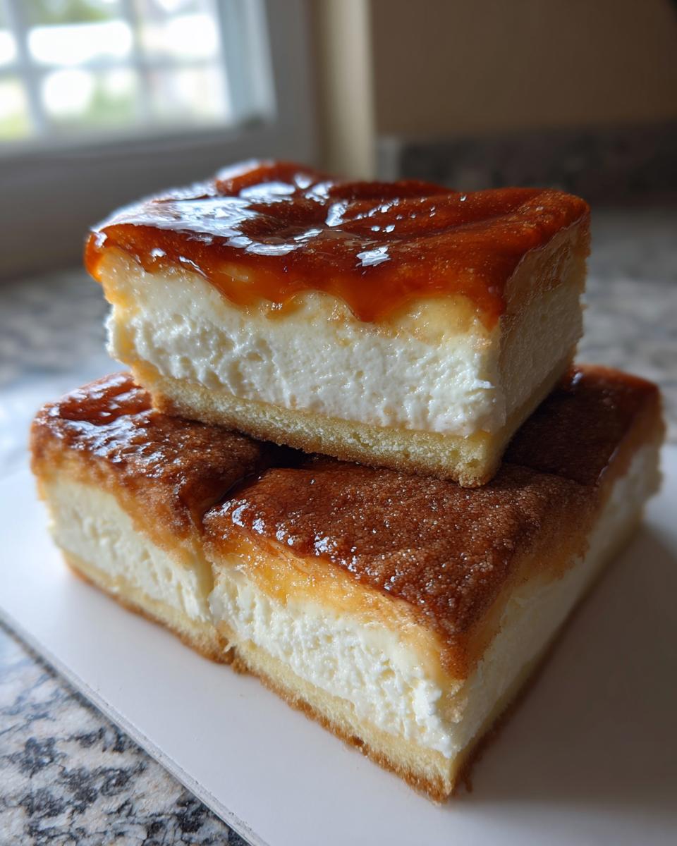 Two stacked squares of creamy sopapilla cheesecake with a caramelized, sugary topping.