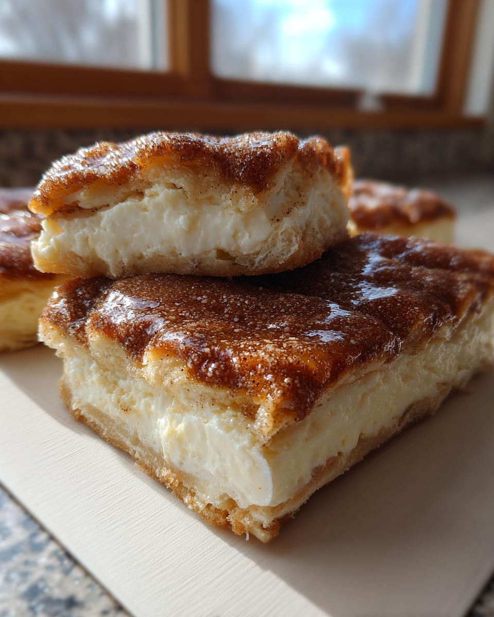 Two stacked squares of rich sopapilla cheesecake showing a thick cream cheese filling and cinnamon-sugar topping.