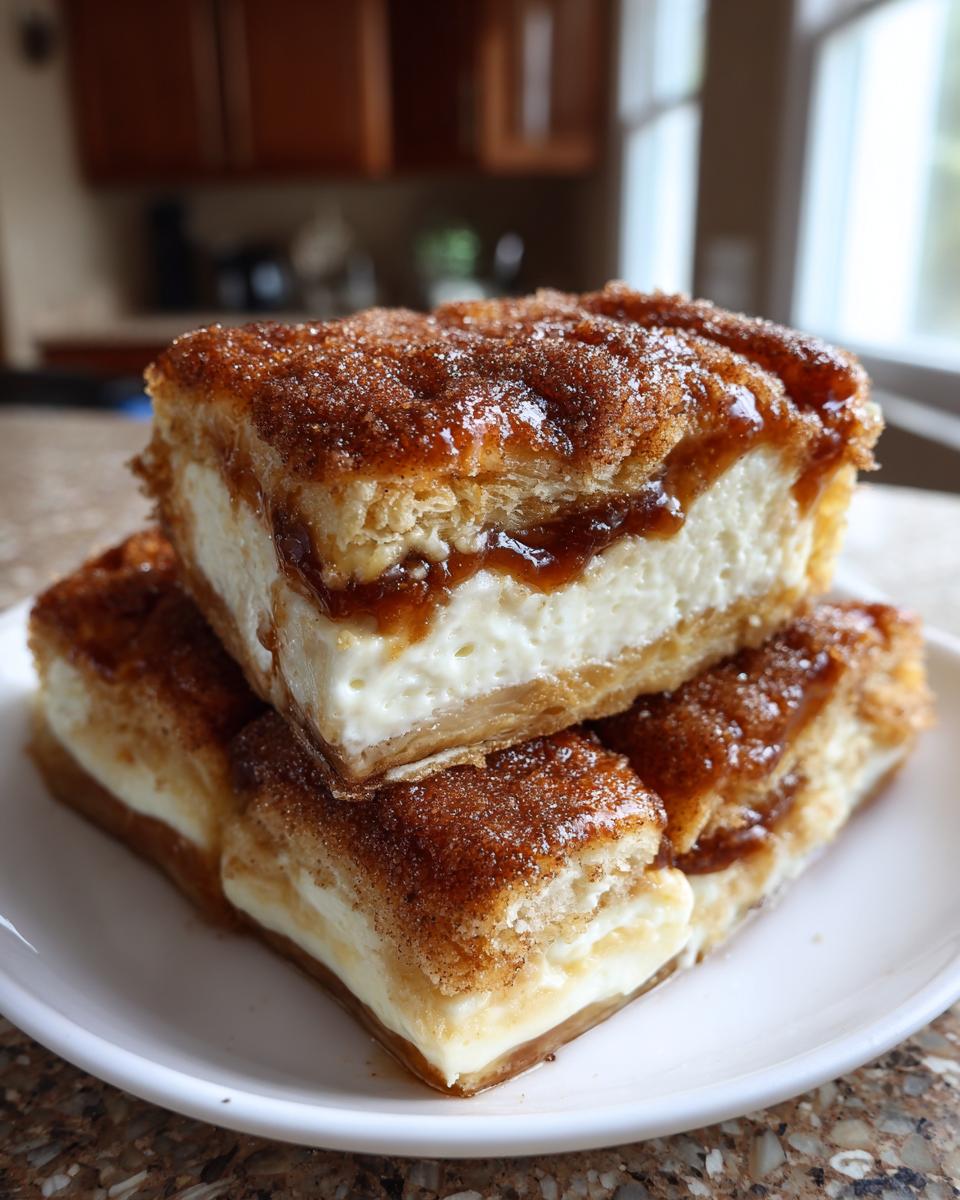 Three stacked squares of rich sopapilla cheesecake topped with cinnamon sugar and caramel drizzle.