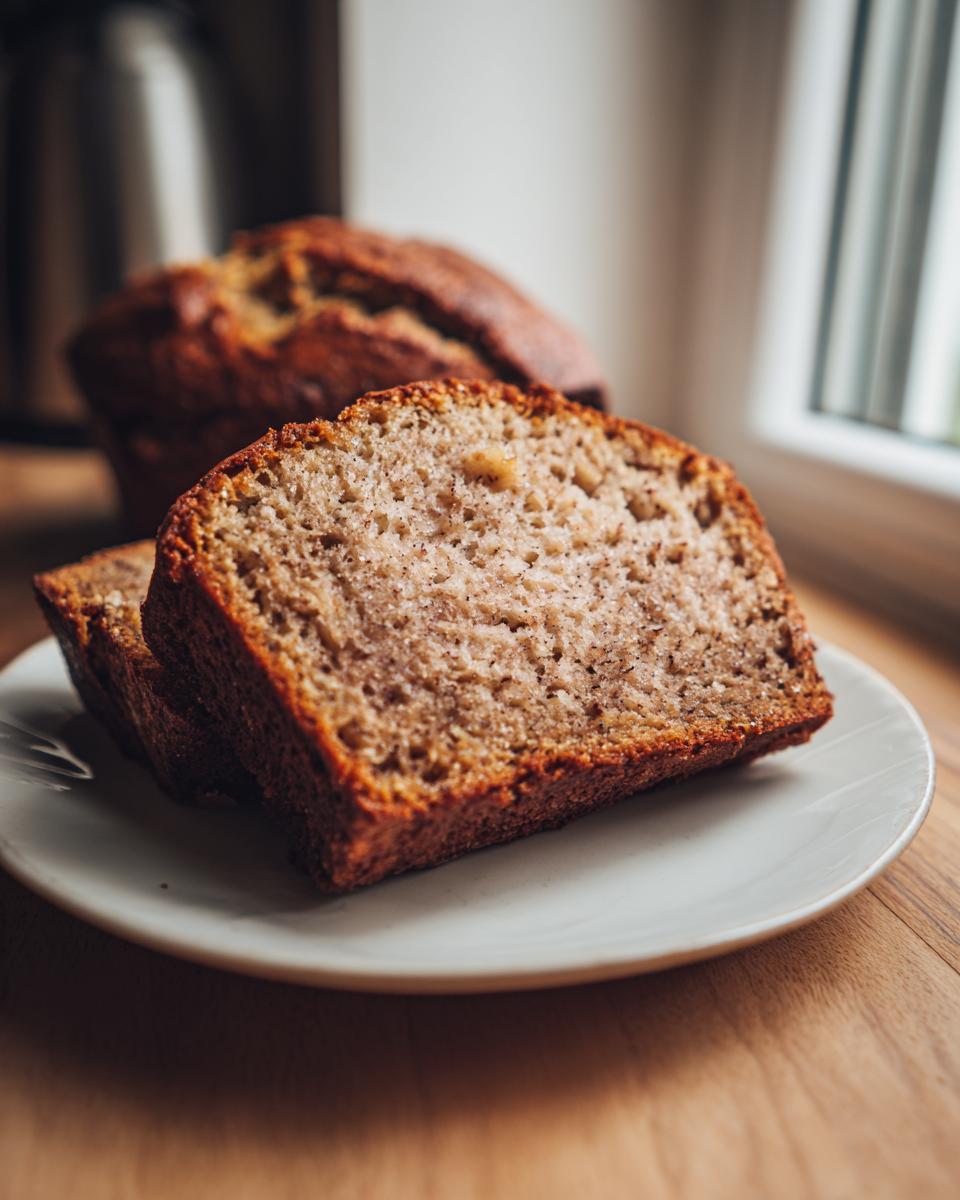 Close-up of two moist slices of sourdough banana bread served on a small white plate, with the loaf blurred in the background.