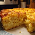 A close-up of a thick slice of southern baked macaroni and cheese with a deeply browned, cheesy crust.
