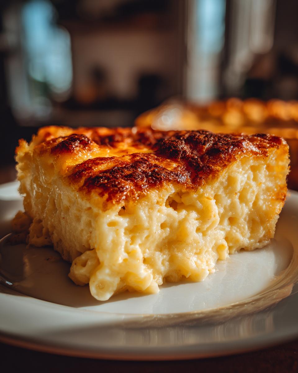 A thick, creamy slice of southern baked macaroni and cheese with a deeply browned, cheesy crust.