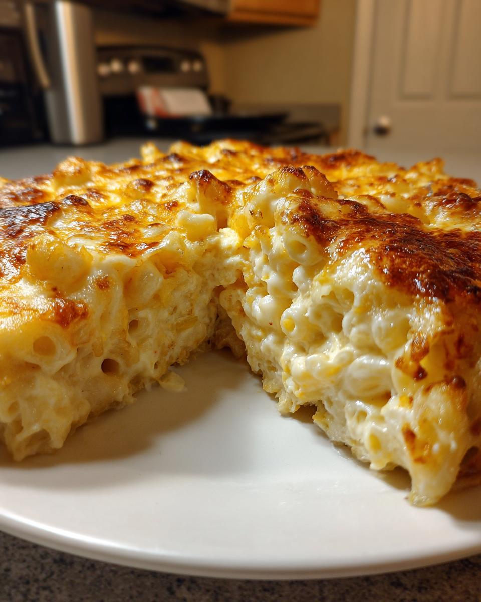 A close-up of a thick slice of southern baked macaroni and cheese with a golden, bubbly crust.