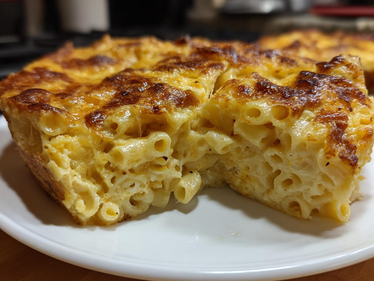 Close-up of a thick slice of southern baked macaroni and cheese showing creamy interior and golden-brown crust.