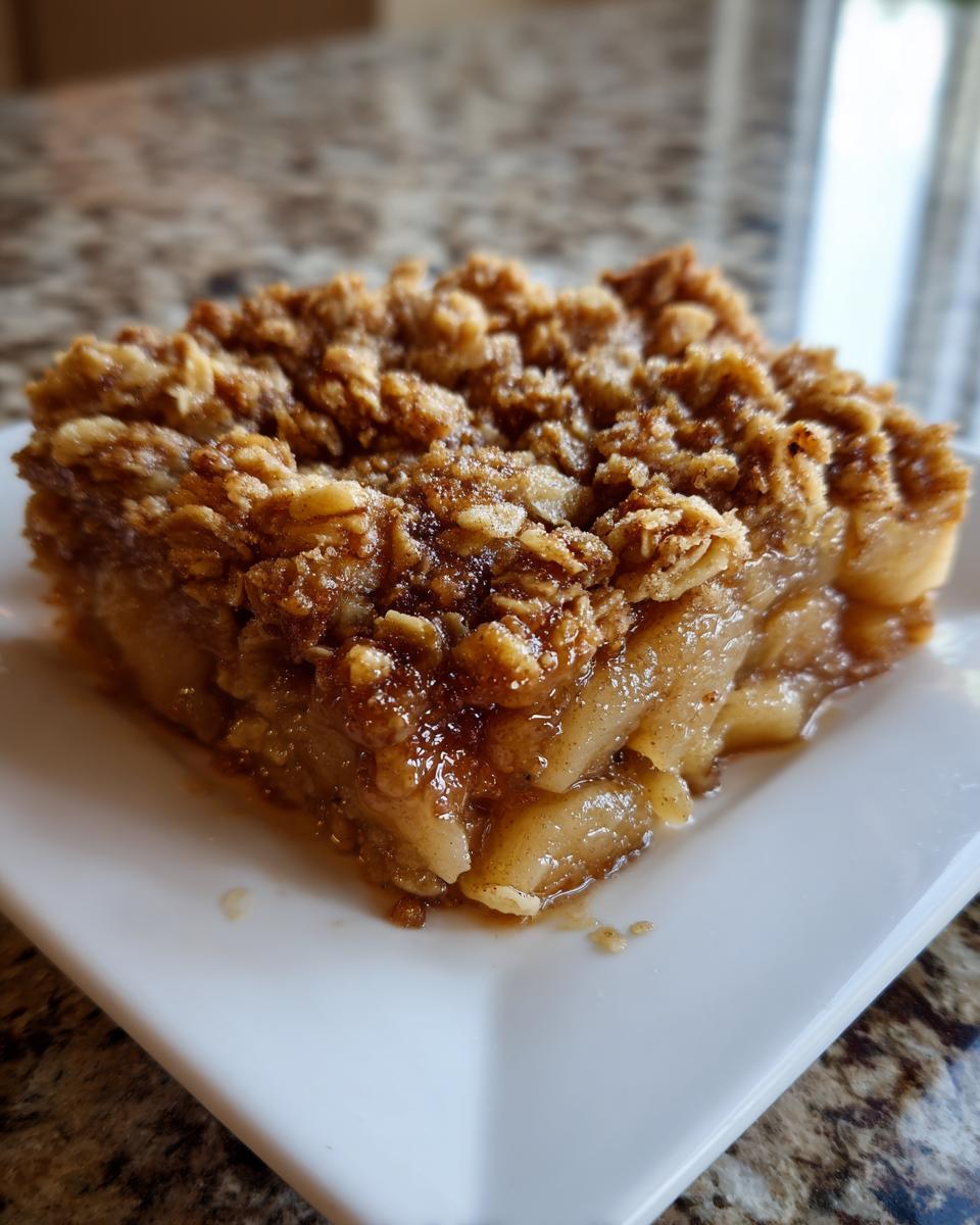 Close-up of a square serving of baked pear crisp showing soft, spiced pears and a thick, crunchy oat topping.