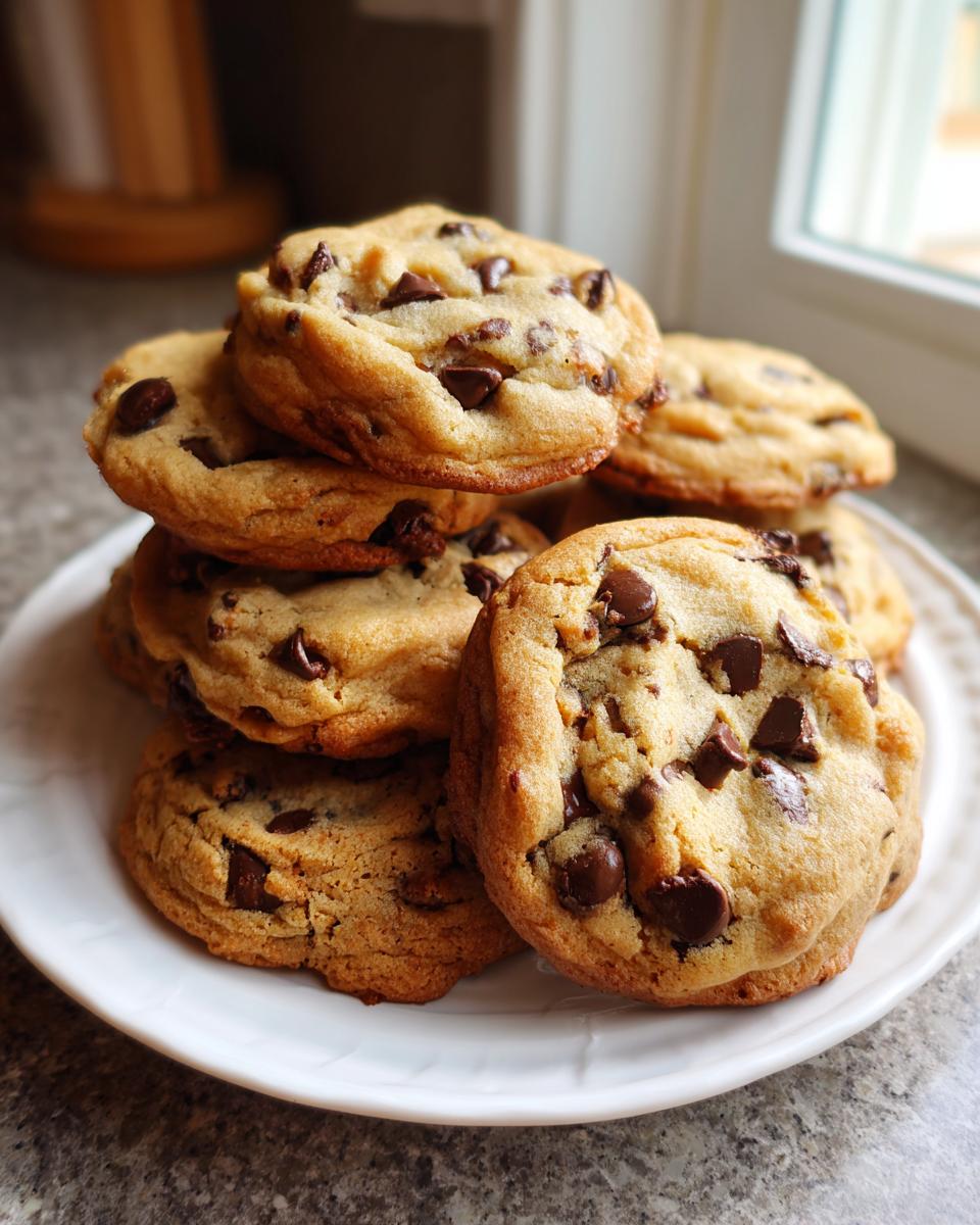 A tall stack of freshly baked, thick chocolate chip cookies piled high on a white plate.