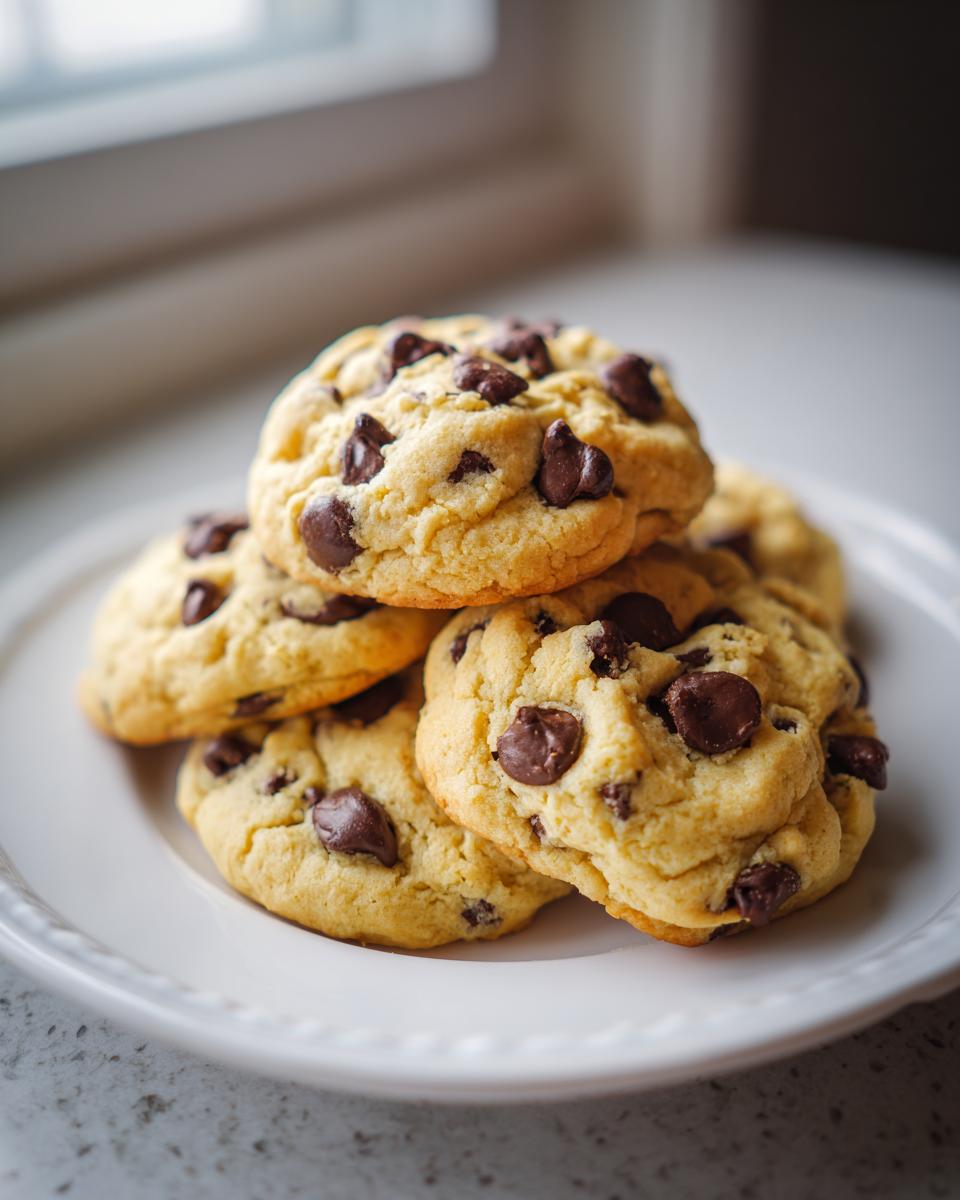 A close-up photo of a small stack of freshly baked, thick chocolate chip cookies resting on a white plate near a window.