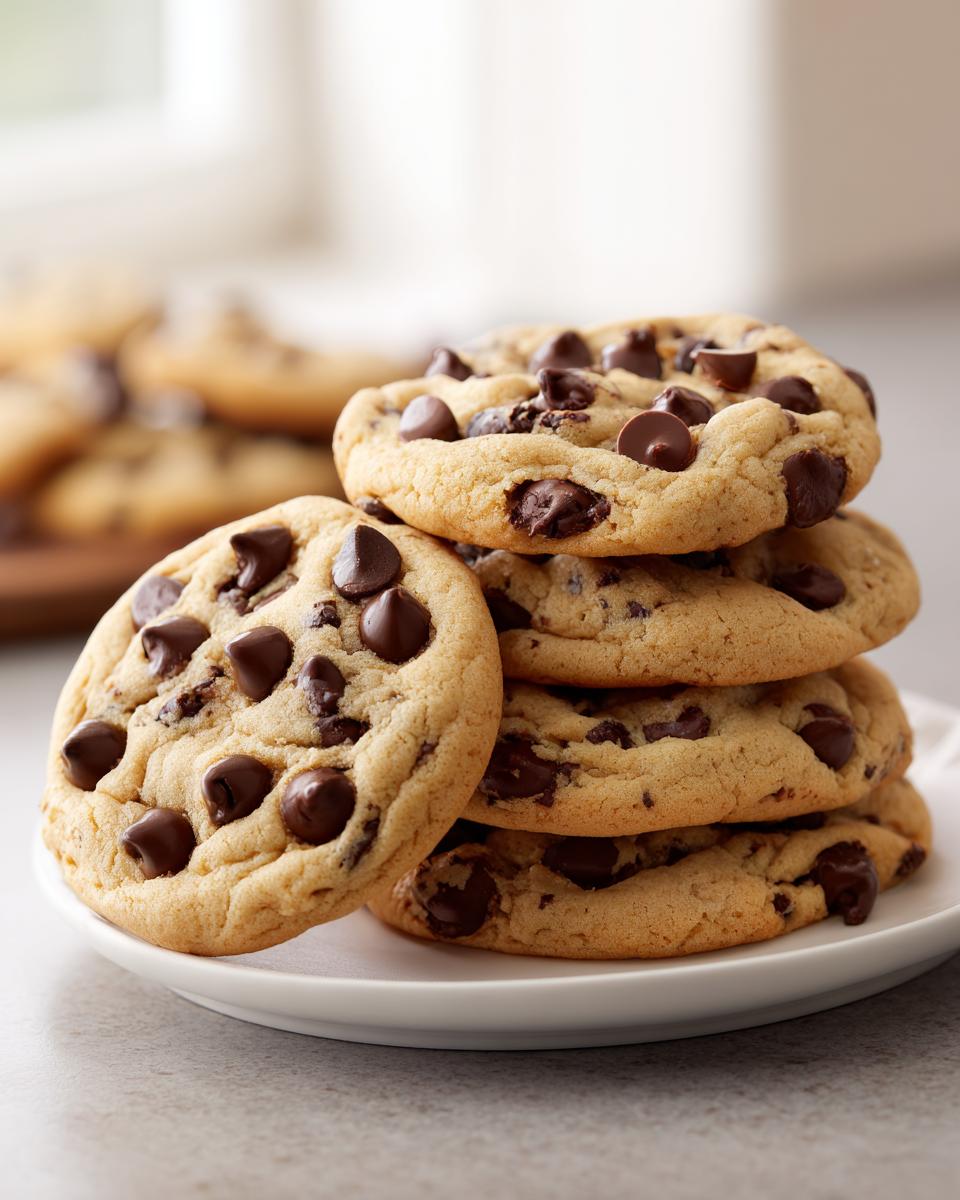 A close-up stack of five freshly baked chocolate chip cookies on a white plate.