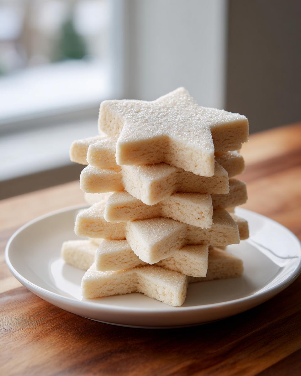 A tall stack of thick, star-shaped soft sugar cookies dusted with fine sugar on a white plate.