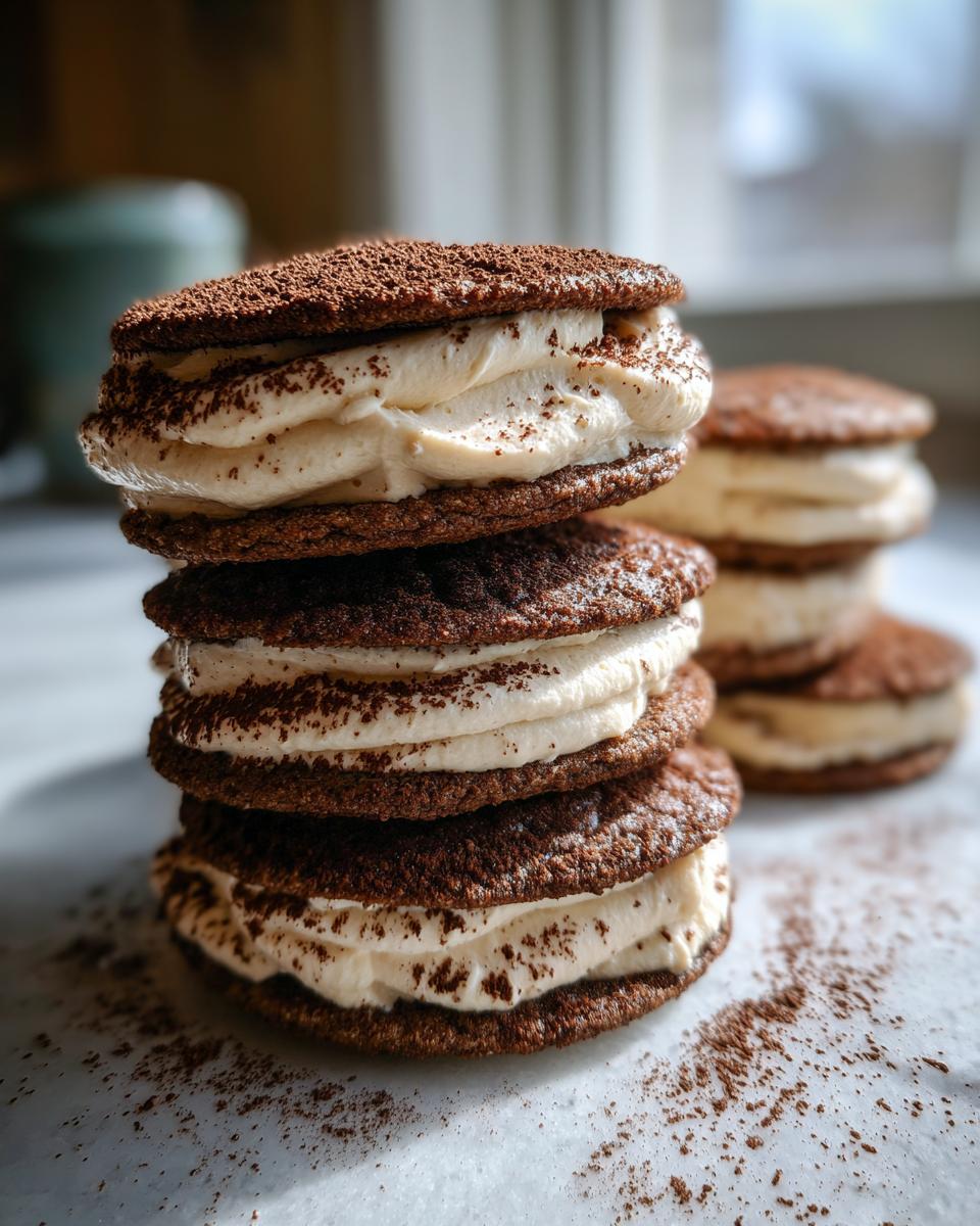 A vertical stack of four homemade tiramisu cookies filled with thick, creamy mascarpone frosting and dusted with cocoa powder.