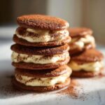 A tall stack of three decadent tiramisu cookies filled with creamy mascarpone and dusted heavily with cocoa powder.
