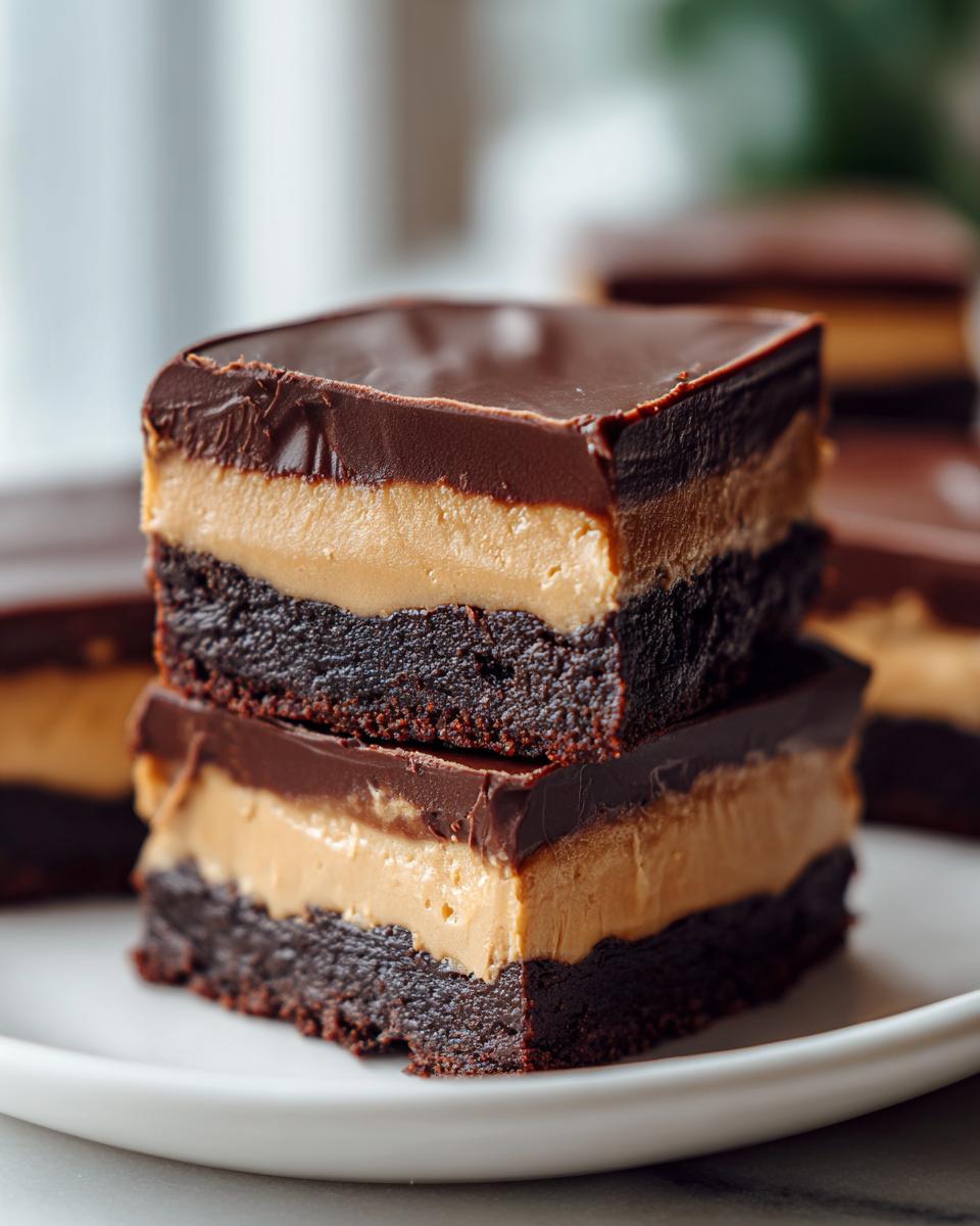 Two stacked squares of rich buckeye brownies showing the dark chocolate base, thick peanut butter layer, and chocolate topping.