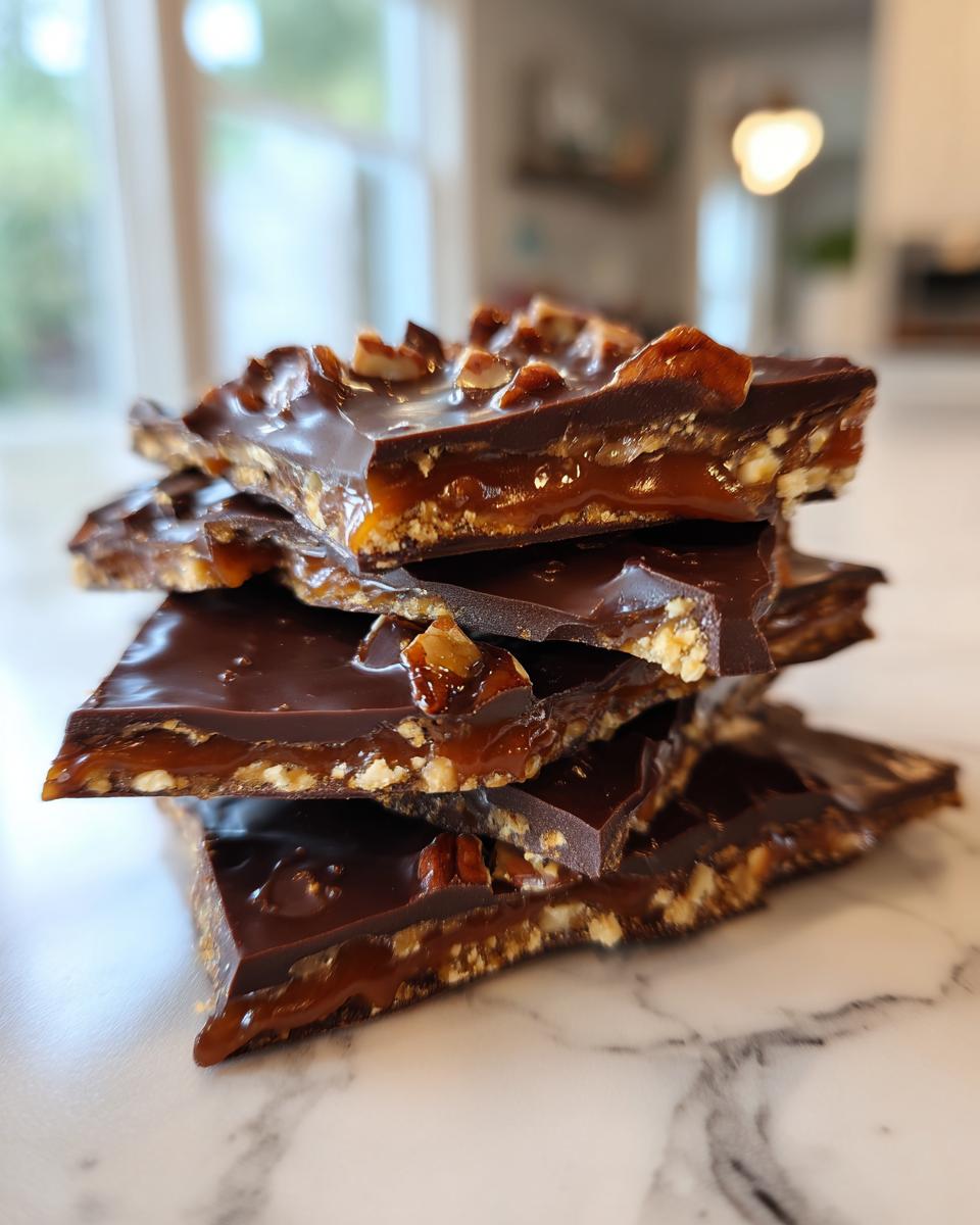 A stack of broken pieces of rich Pecan Pie Bark showing layers of dark chocolate, gooey caramel, and chopped pecans.