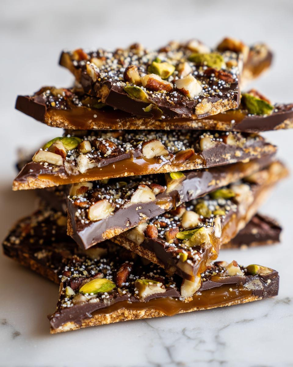 Close-up of stacked pieces of Pecan Pie Bark showing layers of caramel, dark chocolate, pecans, and pistachios.