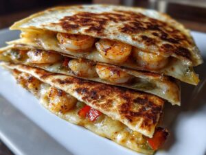 Close-up of three stacked, grilled quarters of a shrimp quesadilla showing seasoned shrimp, peppers, and gooey melted cheese.