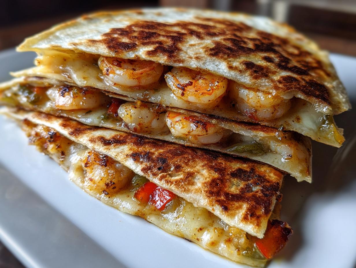 Close-up of three stacked, grilled quarters of a shrimp quesadilla showing seasoned shrimp, peppers, and gooey melted cheese.