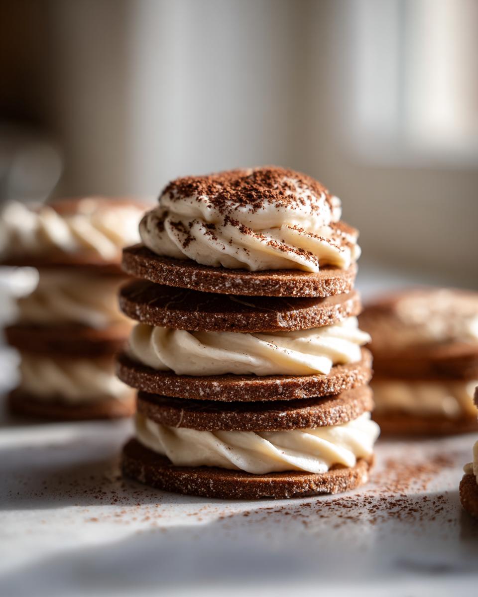 A stack of three dark chocolate tiramisu cookies layered with piped vanilla cream, dusted with cocoa powder.