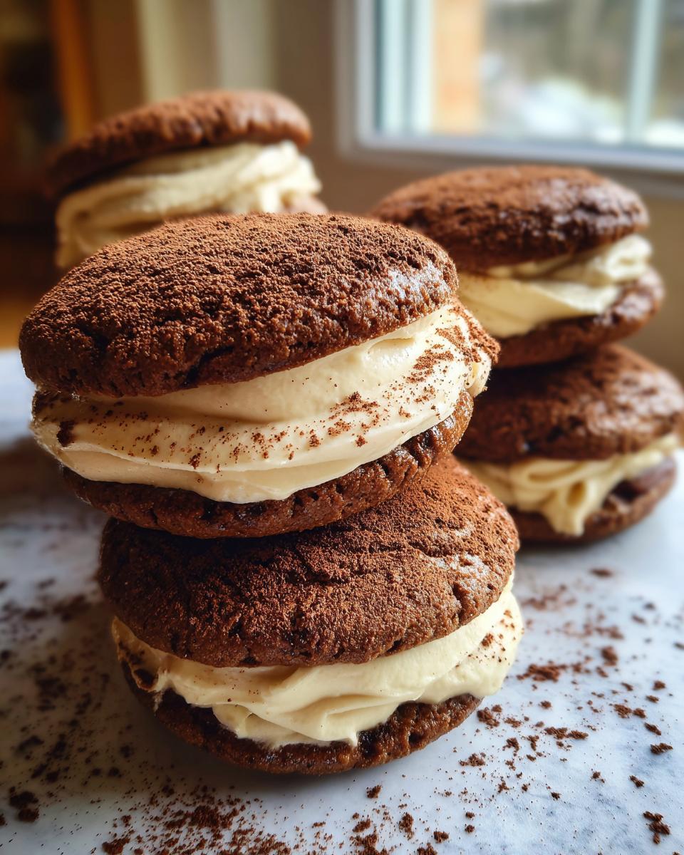 Close-up of stacked, dark chocolate tiramisu cookies filled with light cream and dusted heavily with cocoa powder.