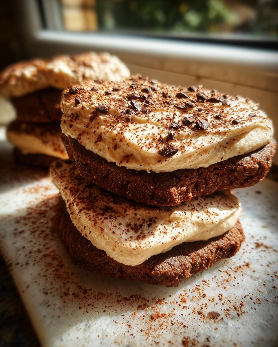 Close-up of stacked tiramisu cookies featuring dark chocolate bases and thick, creamy mascarpone filling dusted with cocoa.
