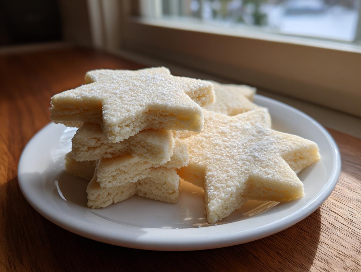 A stack of thick, star-shaped soft sugar cookies dusted lightly with powdered sugar on a white plate.