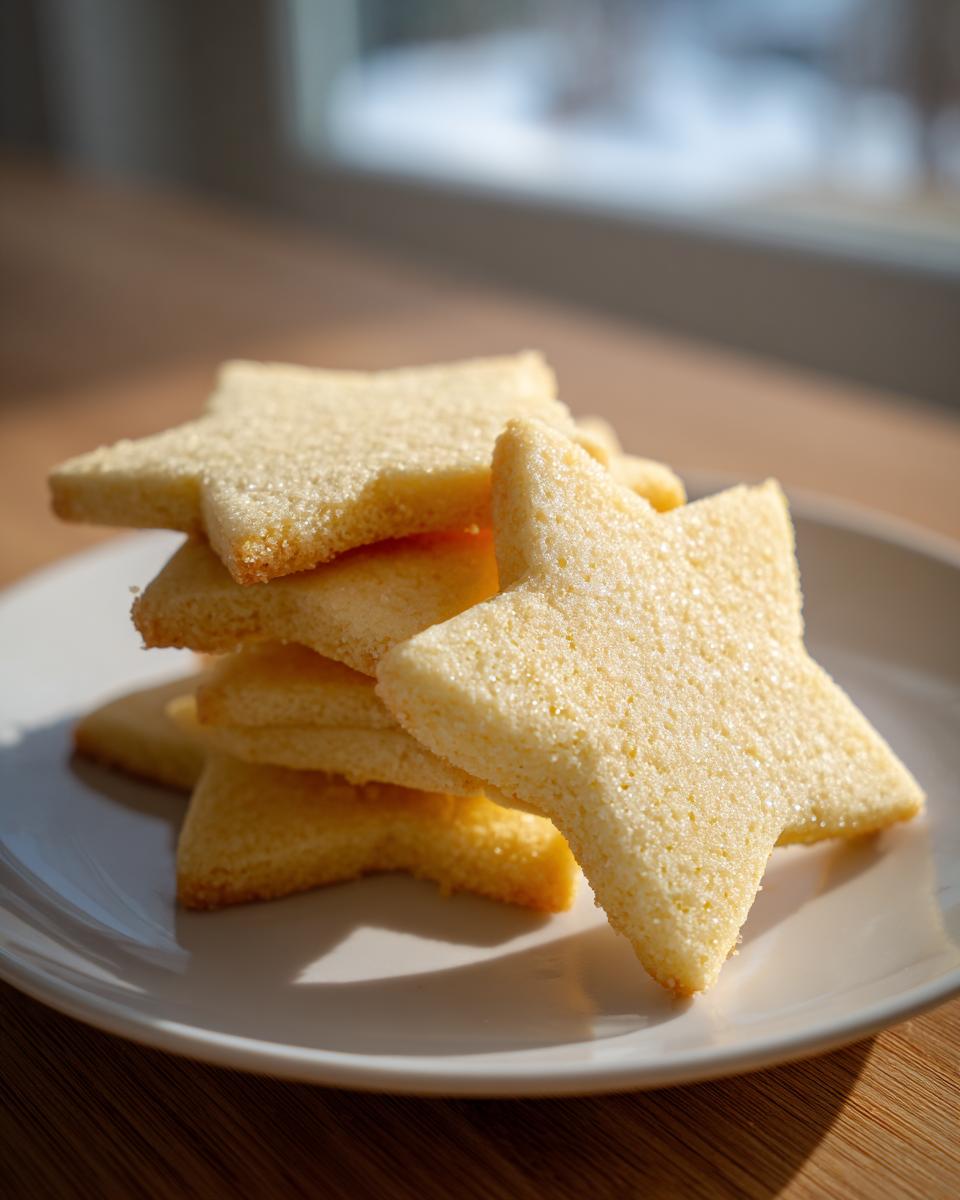 A stack of light yellow, star-shaped soft sugar cookies sprinkled with sugar, resting on a white plate.