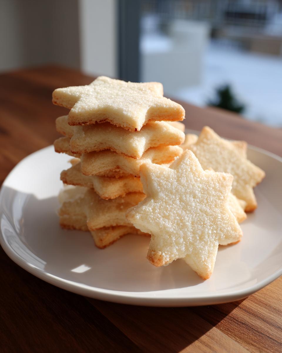 A stack of light golden, star-shaped soft sugar cookies sprinkled with sugar on a white plate.