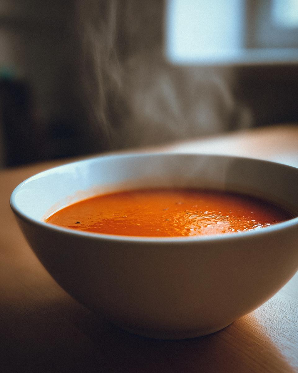 A close-up of a white bowl filled with hot, steaming tomato bisque soup on a wooden table.