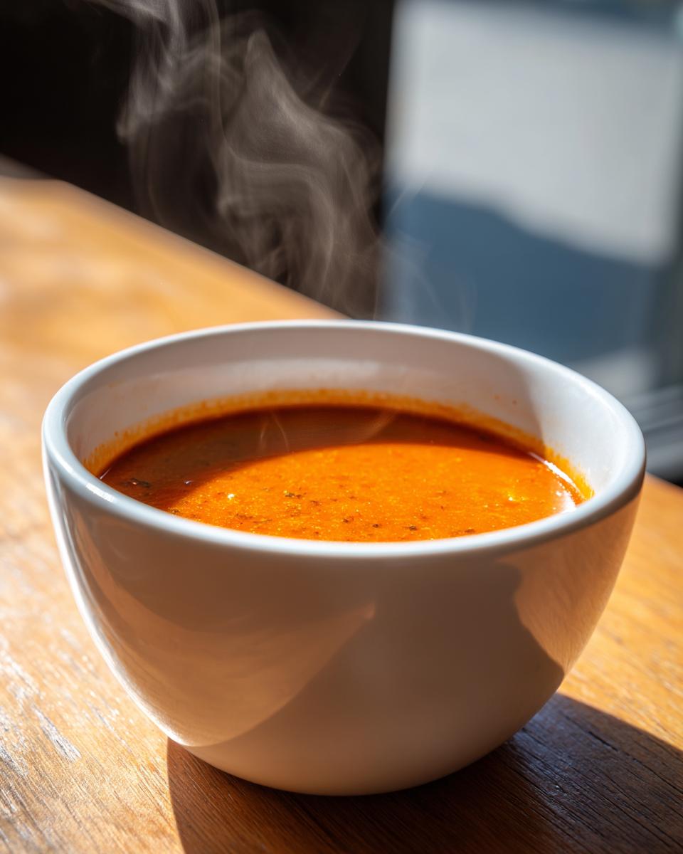 Close-up of a steaming white bowl filled with rich, orange-red tomato bisque on a wooden surface.