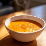 Close-up of a steaming white bowl filled with rich, orange-hued tomato bisque, seasoned with pepper.