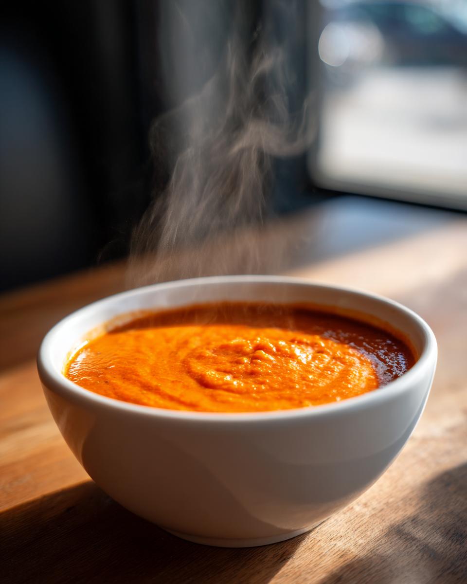 A close-up shot of a white bowl filled with hot, vibrant orange tomato bisque, showing steam rising from the surface.