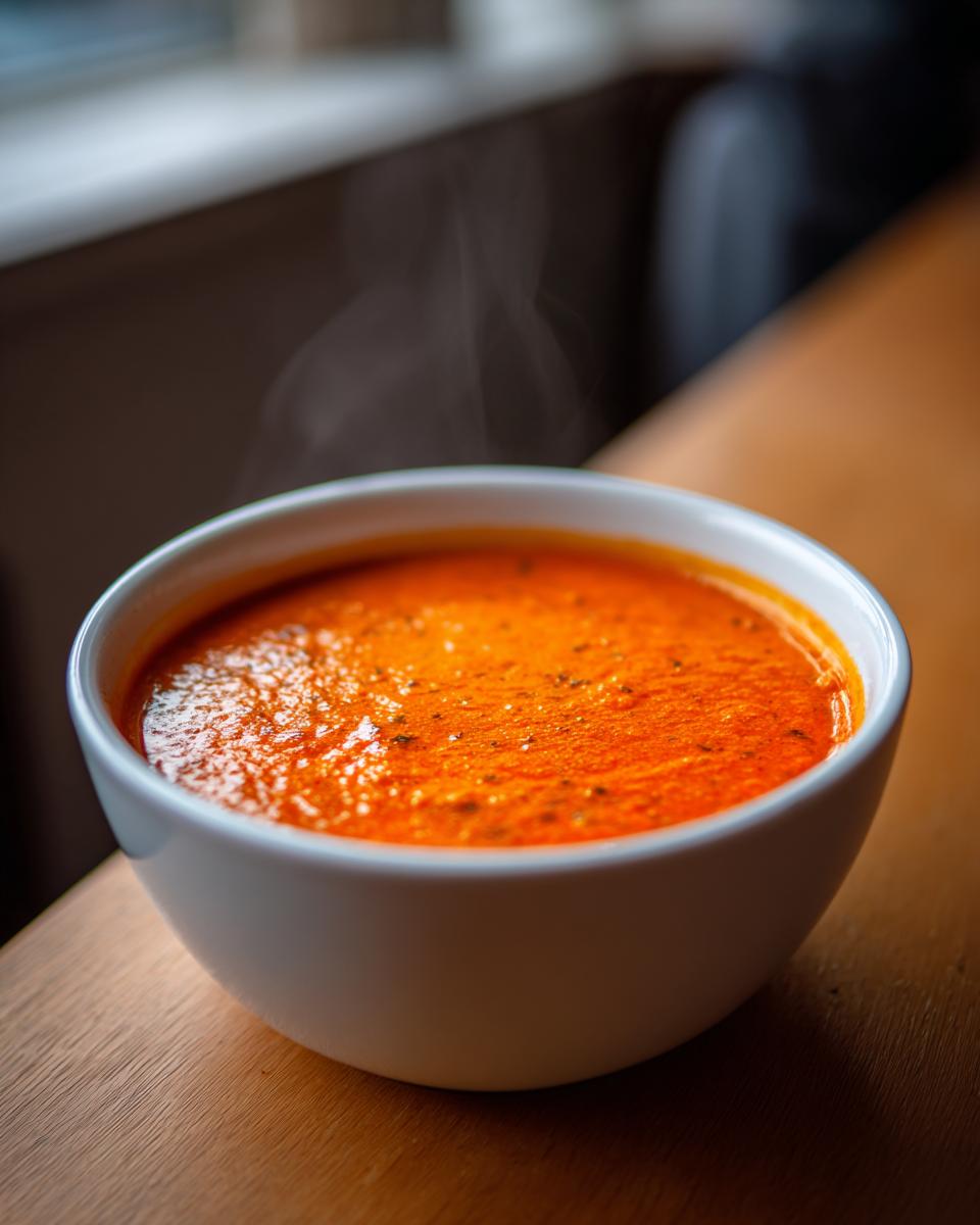 Close-up of a steaming white bowl filled with rich, vibrant orange tomato bisque resting on a wooden surface.