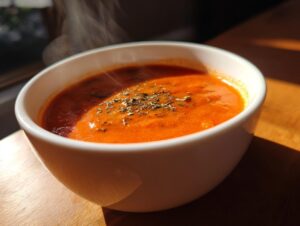 Close-up of a steaming white bowl filled with rich, orange-red tomato bisque, garnished with dried herbs.
